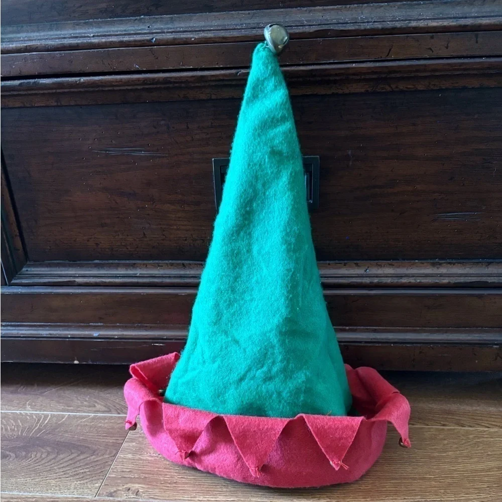 Festive Green and Red Elf Hat with Bells